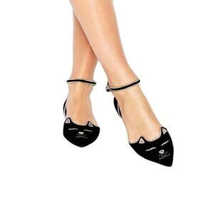 ASOS Cat Face Black Velvet Pointed Toe Flats Rose Gold Trim Wrap Ankle 7